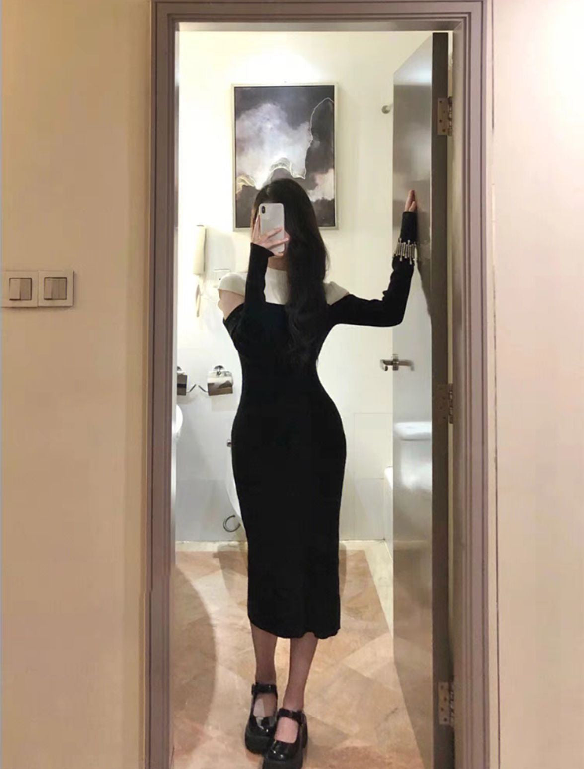 Women's Contrast Color Stitching Strapless Long Sleeve Knitted Dress Angelwarriorfitness.com