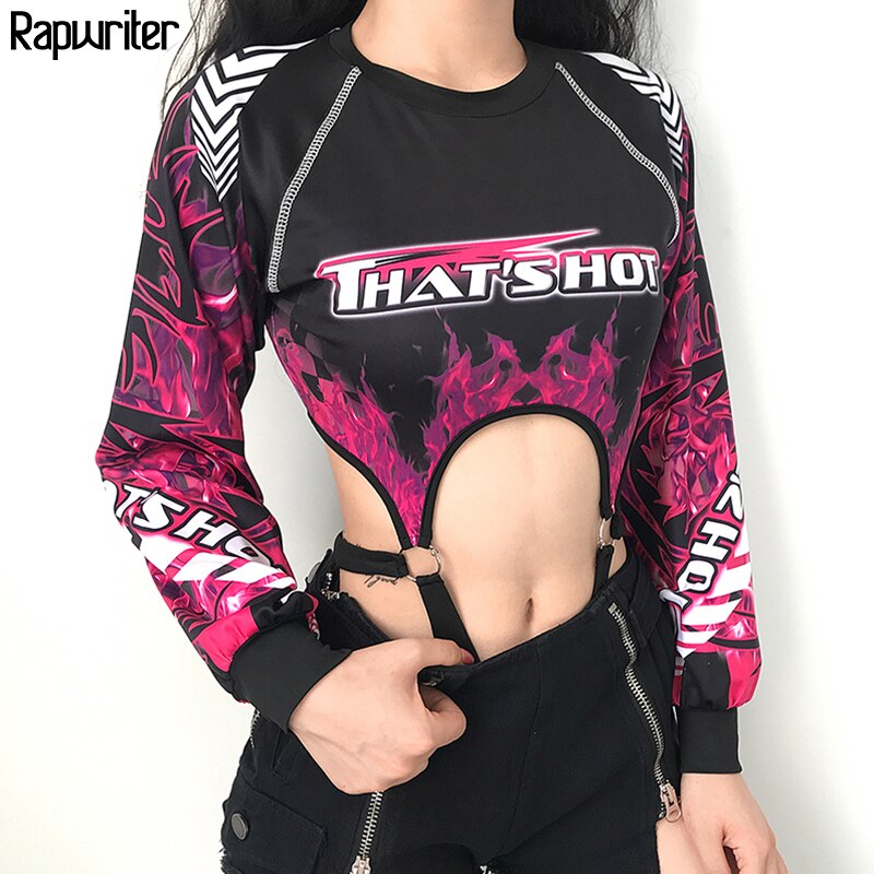 Rapwriter Sexy Backless Cut Out Beach Jumpsuit Summer Rave Clothes O-Neck Long Sleeve Flame Print Backless Gothic Bodysuit Women Angelwarriorfitness.com