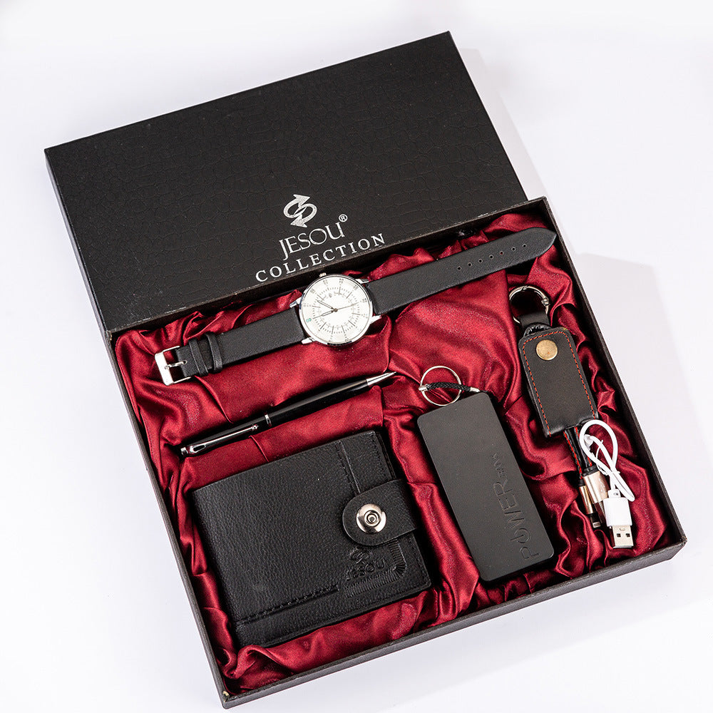 Mens Boutique Gift Set Wallet Power Bank Keychain Large Dial Quartz Watch Angelwarriorfitness.com