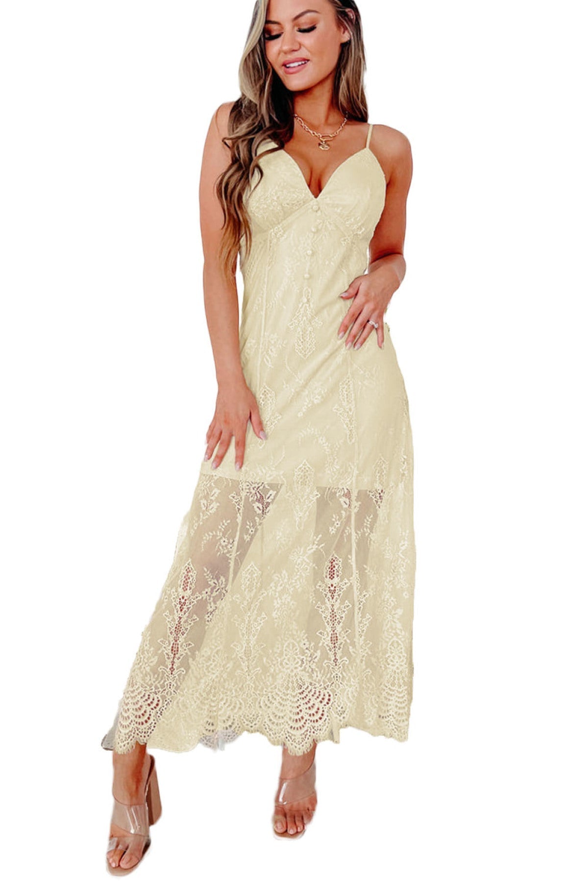 Beige Spaghetti Straps Chemise Lined Lace Maxi Dress Angelwarriorfitness.com