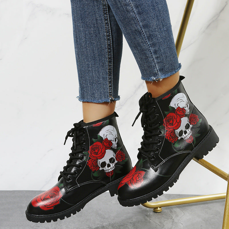 Halloween Shoes Rose Flower Print Lace-up Ankle Boots Women Angelwarriorfitness.com