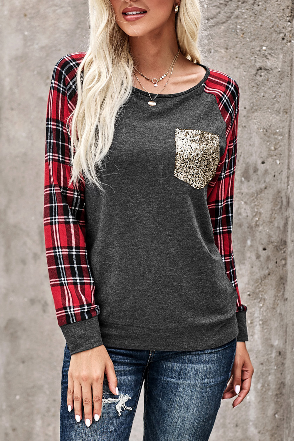 Red Plaid Splicing Sequined Pocket Long Sleeve Top Angelwarriorfitness.com