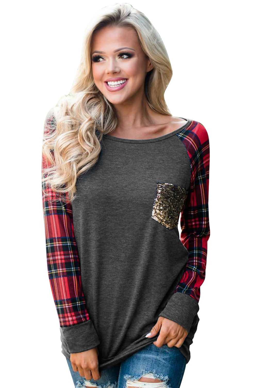 Red Plaid Splicing Sequined Pocket Long Sleeve Top Angelwarriorfitness.com