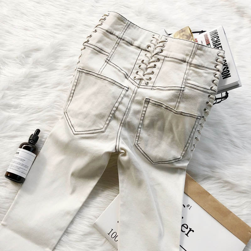 Versatile drawstring white jeans Angelwarriorfitness.com