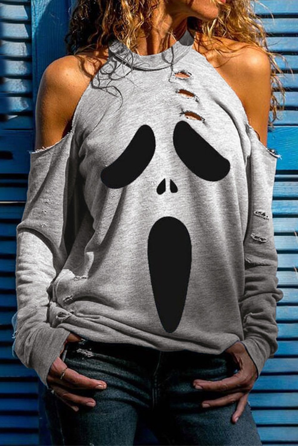 Gray Distressed Halloween Ghost Cold Shoulder Sweatshirt Angelwarriorfitness.com