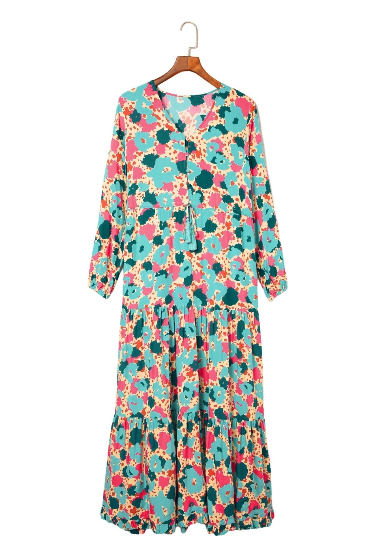 Multicolor Bohemia Print V Neck Ruffle Long Sleeve Maxi Dress Angelwarriorfitness.com
