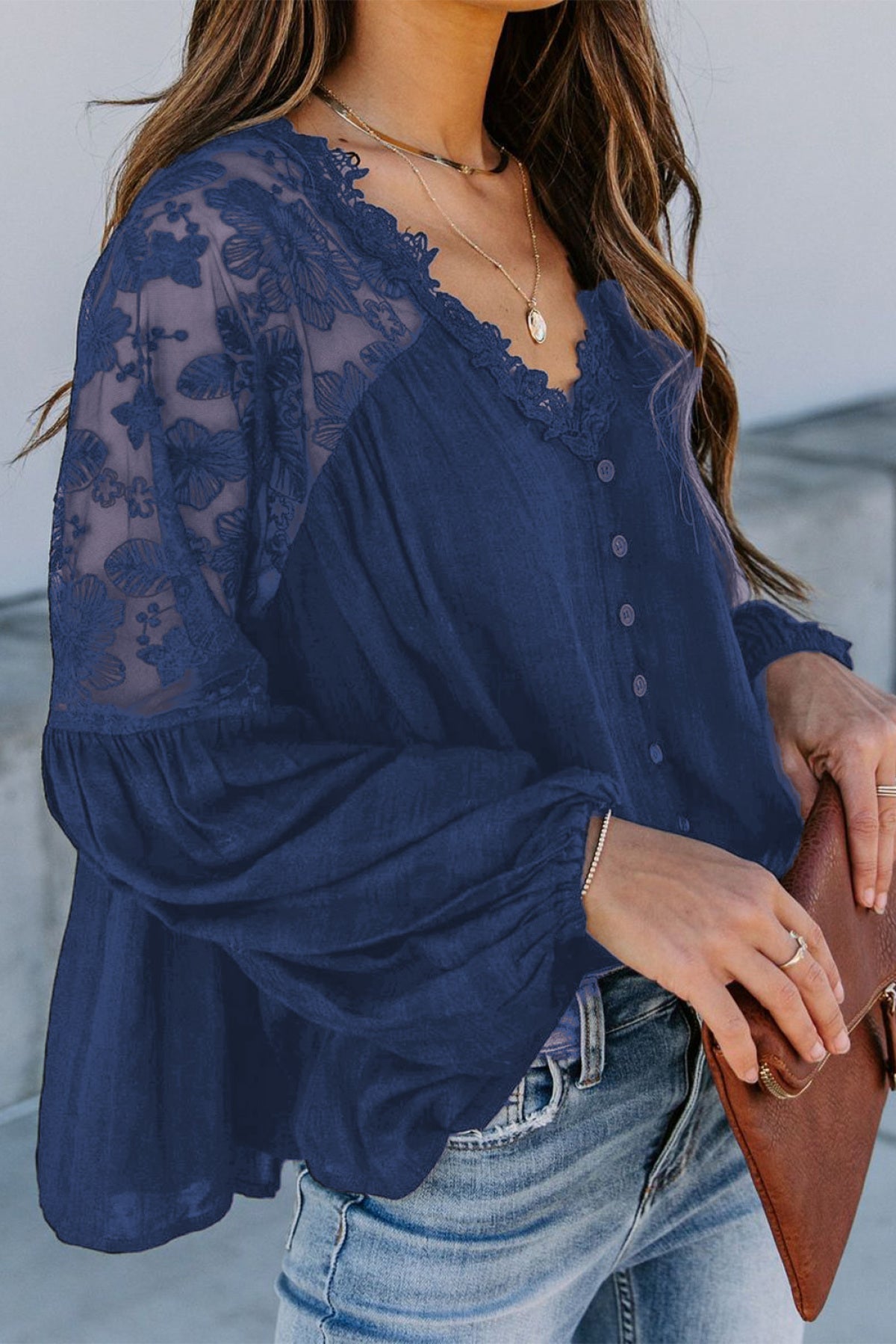 V Neckline Lace Shoulder Patchwork Blouse Angelwarriorfitness.com