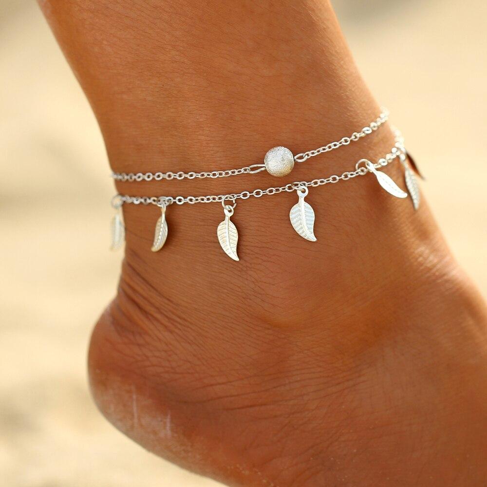 Summer Beach 2 Color Double Leaves Pendant Anklet Foot Chain Bohemian Handmade Beads Anklets Foot Gothic Boho Jewelry Angelwarriorfitness.com