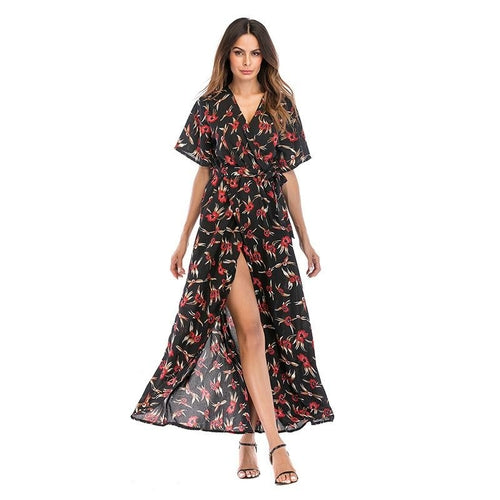 Maxi Dress Boho Beach Floral Vintage V Neck Casual Dress Angelwarriorfitness.com