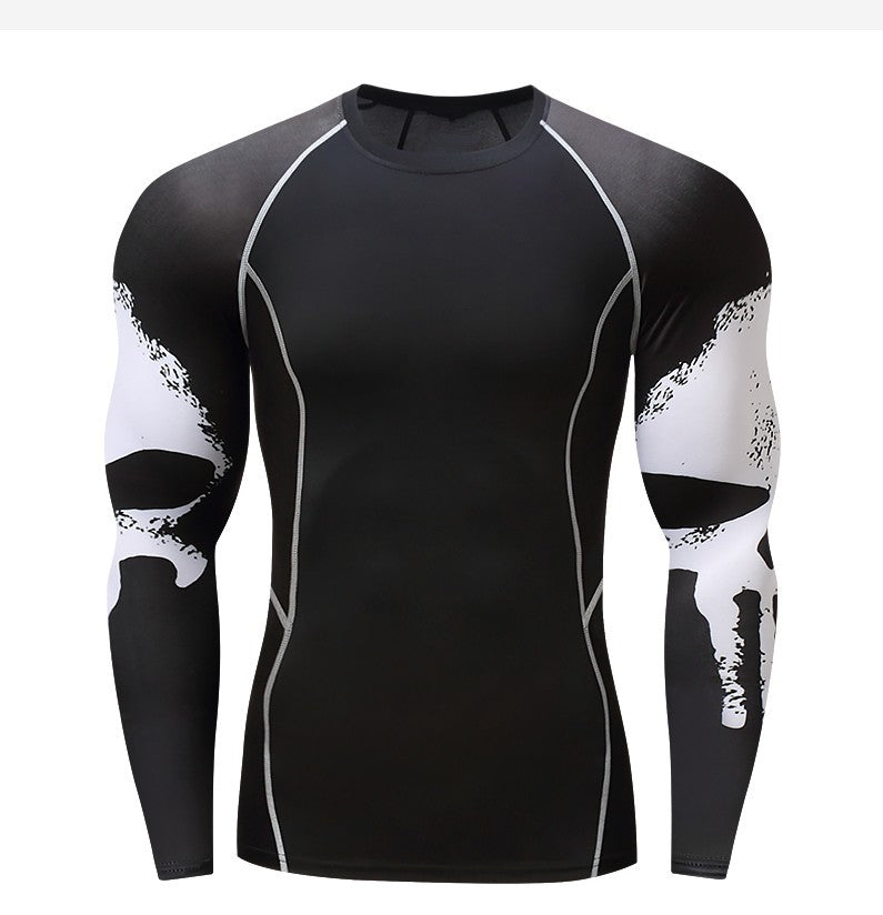 Skull Print Long Sleeve Men's Workout Clothes Stretch Quick Drying Clothes Basketball Riding Running Suit Round Neck Tight T-shirt Angelwarriorfitness.com