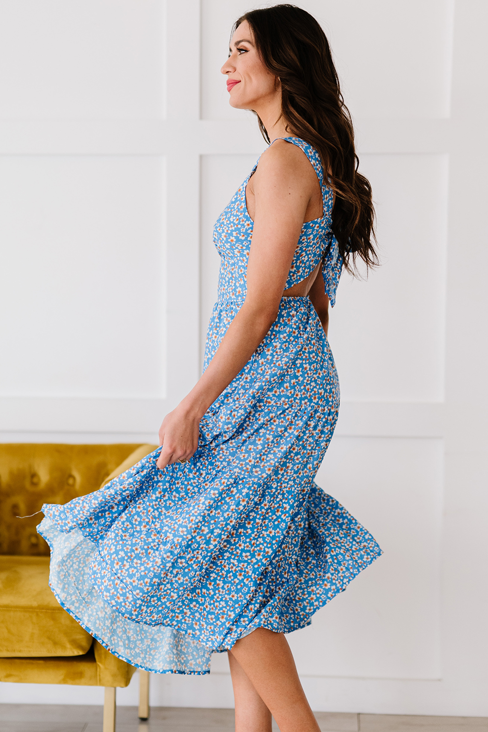 Sky Blue Floral Tie Back Long Dress Angelwarriorfitness.com