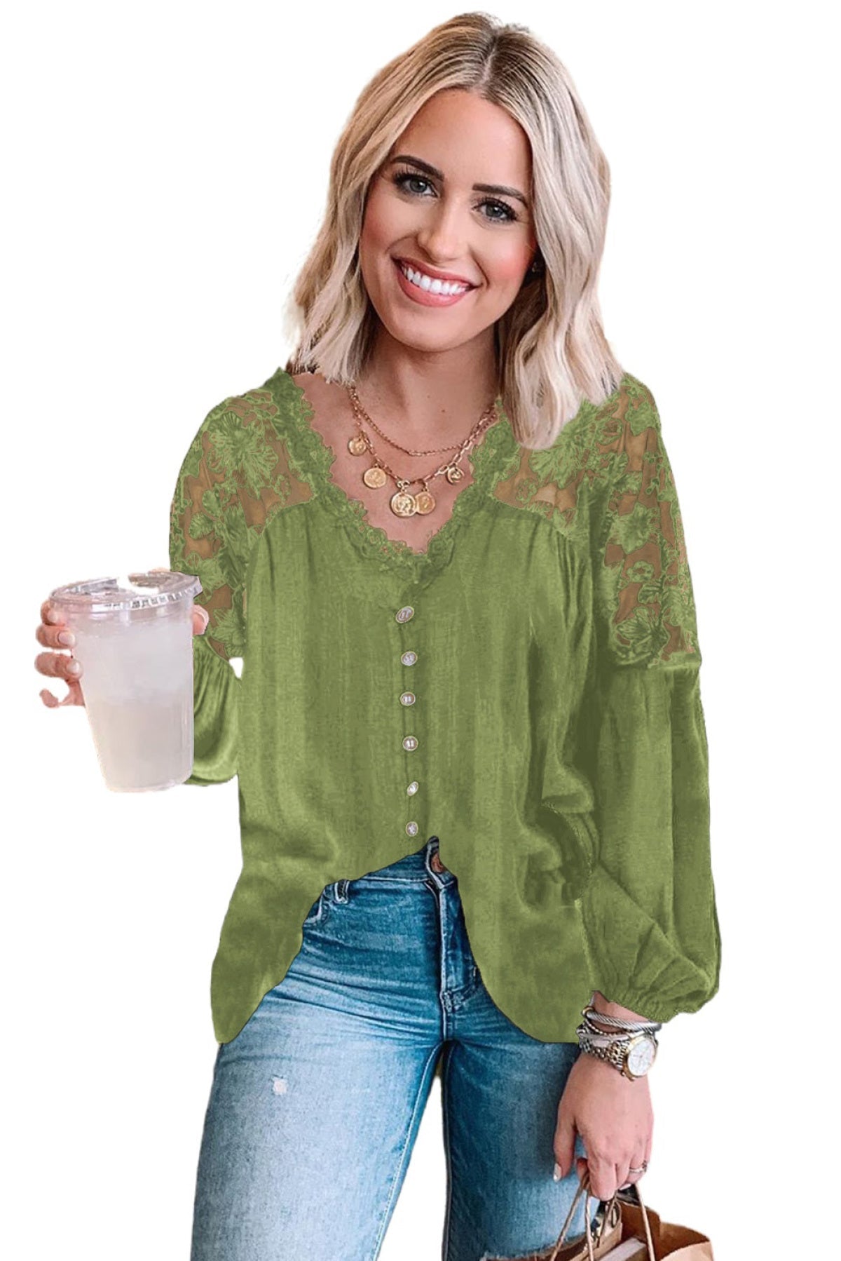 V Neckline Lace Shoulder Patchwork Blouse Angelwarriorfitness.com