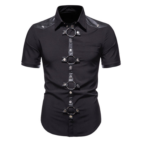 New European And American Men's Gothic Style Rivet Leather Patchwork Short-sleeved Shirt Simple Fashion Costume Angelwarriorfitness.com