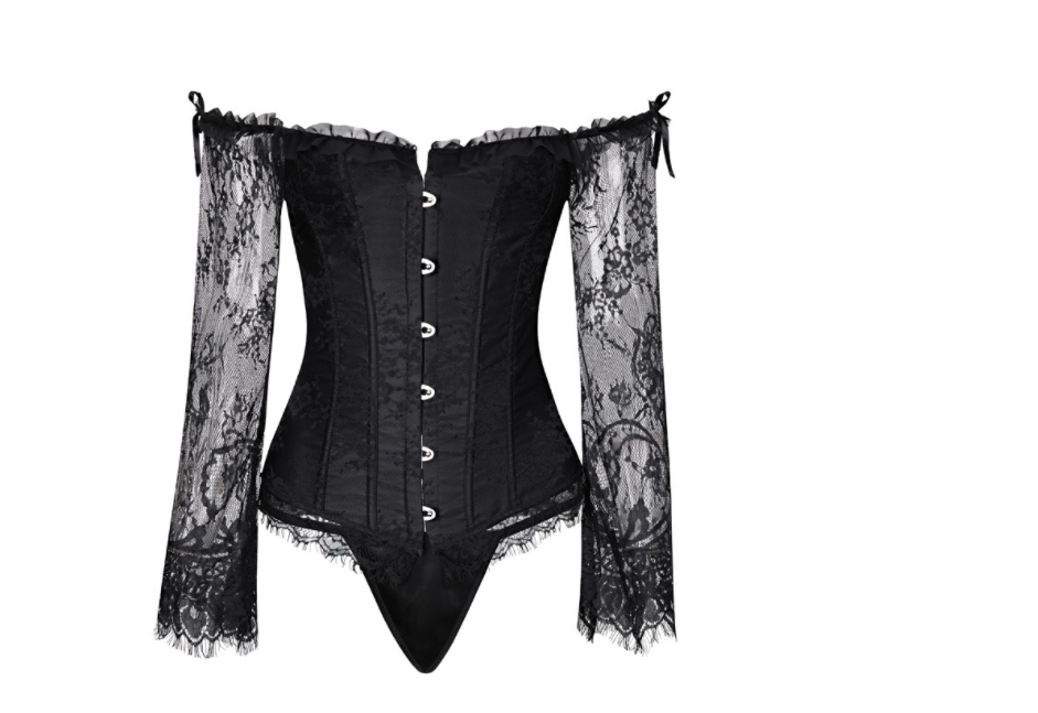 TOPMELON Steampunk Corset Bustier Gothic Corselet Corset Women Bustier Long Sleeve Lace Floral Off Shoulder Sexy Party Corset Angelwarriorfitness.com