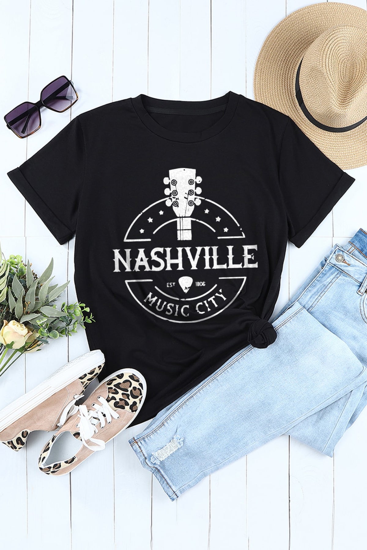 Black NASHVILLE MUSIC CITY Graphic Print Crew Neck T Shirt Angelwarriorfitness.com