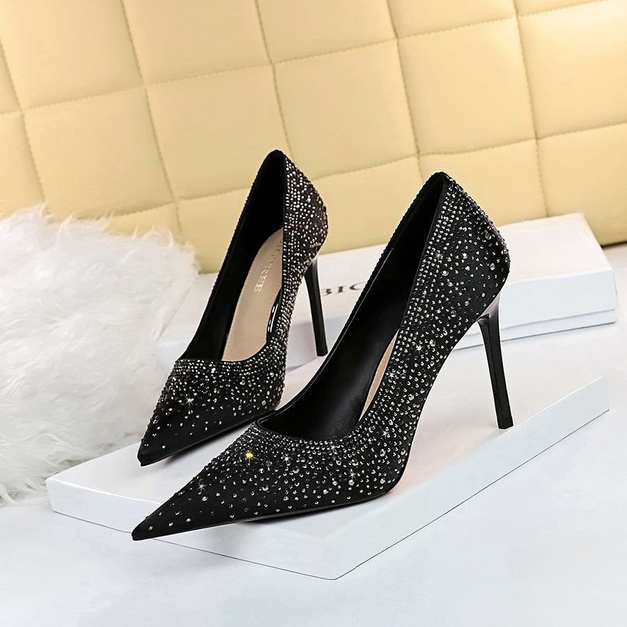 -American Sexy High-heeled Shoes, Shallow Pointed Satin Glittering Rhinestone Women's Shoes Angelwarriorfitness.com