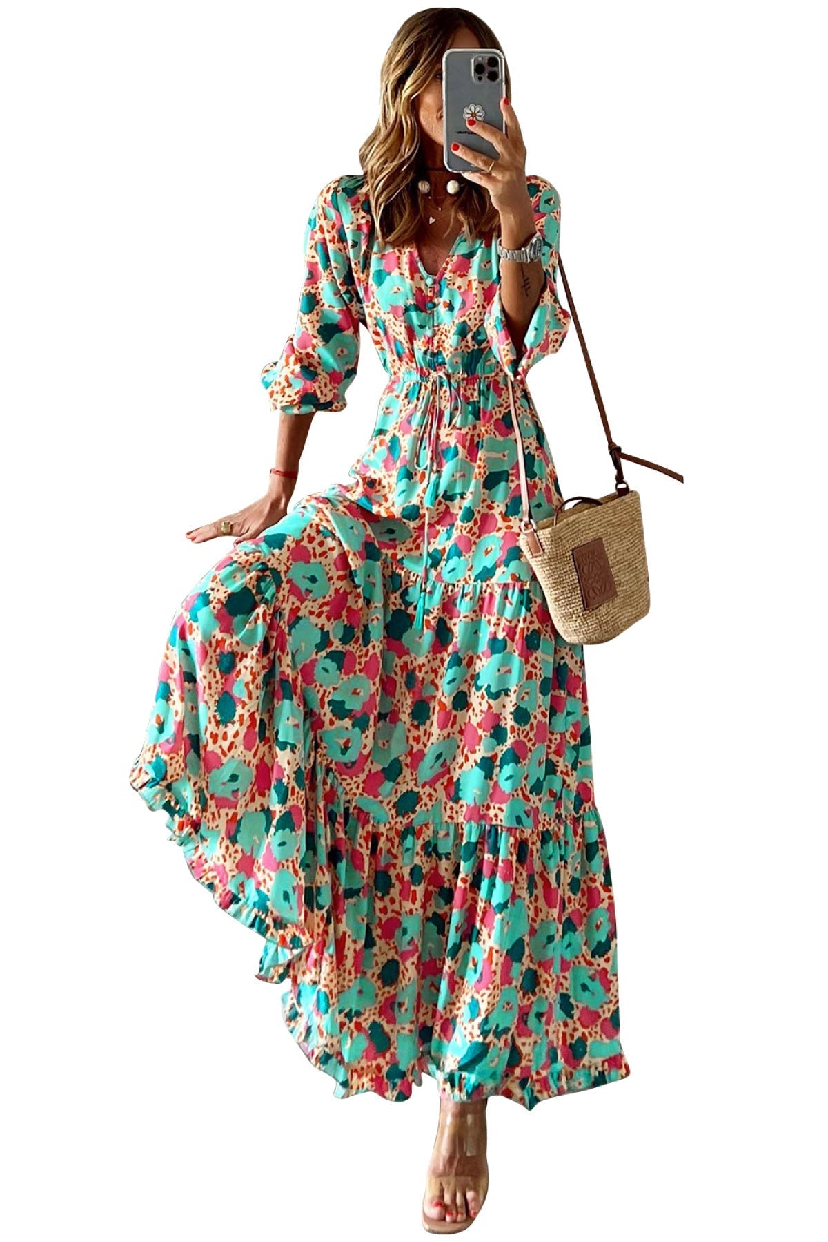 Multicolor Bohemia Print V Neck Ruffle Long Sleeve Maxi Dress Angelwarriorfitness.com