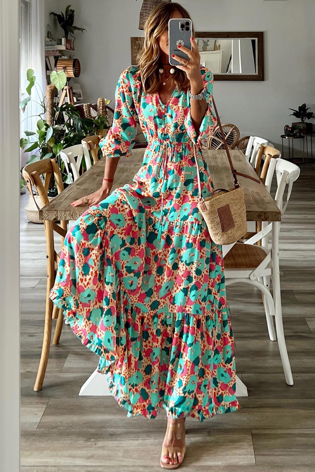 Multicolor Bohemia Print V Neck Ruffle Long Sleeve Maxi Dress Angelwarriorfitness.com