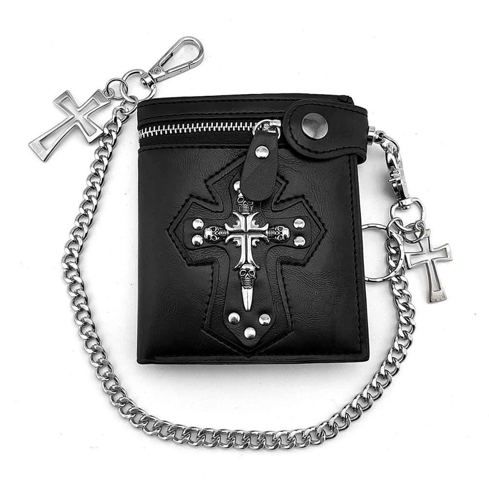 Men's Gothic Cross Clasp Leather Wallet with Antique Biker Chain Angelwarriorfitness.com