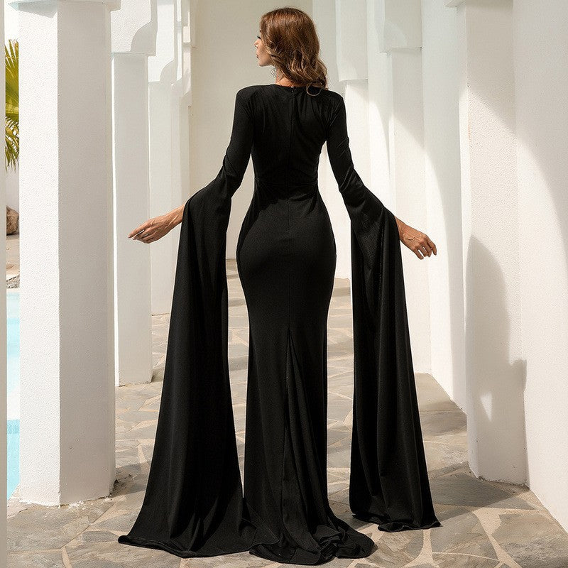 Missord Split Sleeve Mesh Insert Maxi Prom Dress-Morticia Adams dress Angelwarriorfitness.com