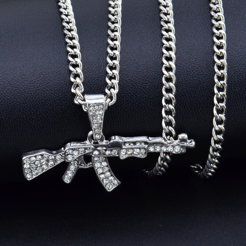 Cool Gothic Gun Shape Pendant Rhinestone men's necklace Angelwarriorfitness.com