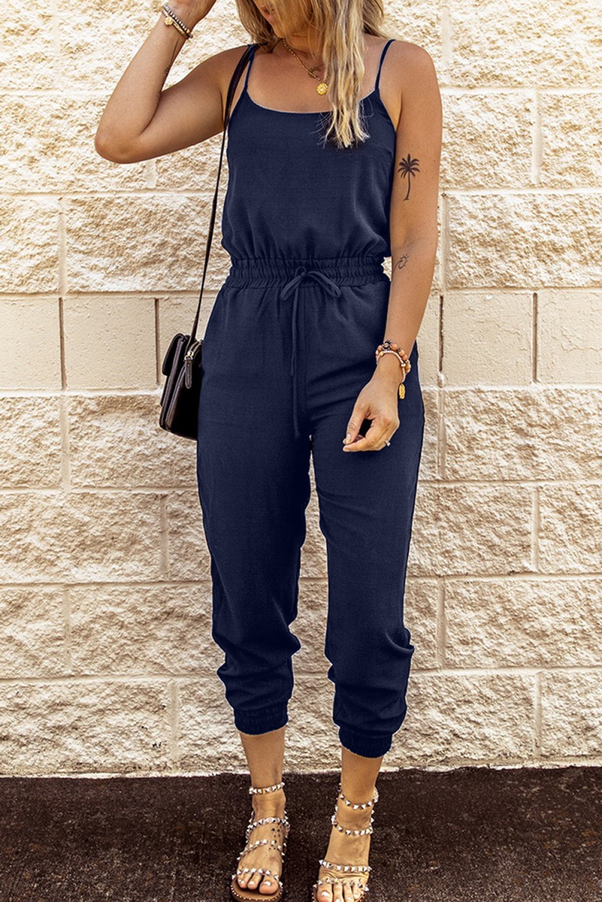 Blue Drawstring Waist Spaghetti Straps Jumpsuit Angelwarriorfitness.com