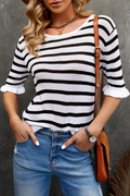 Striped Knit Ruffled Sleeves Top Angelwarriorfitness.com