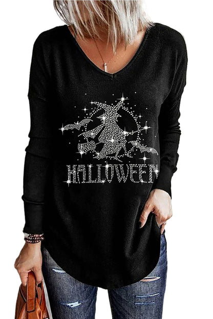 Black Halloween Witch Rhinestones Solid V Neck Shift Casual Long Sleeve Top Angelwarriorfitness.com