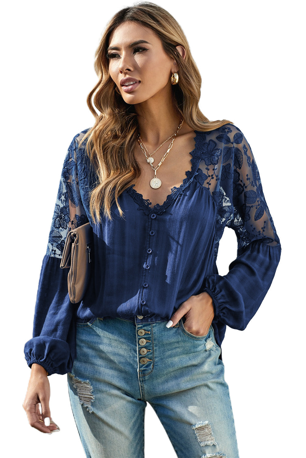 V Neckline Lace Shoulder Patchwork Blouse Angelwarriorfitness.com