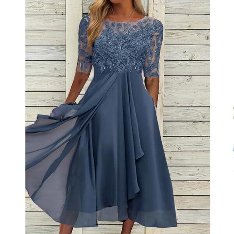 Chiffon Stitching Lace Hollow-out Dress Bridesmaid Evening Dress Women's Dress Angelwarriorfitness.com