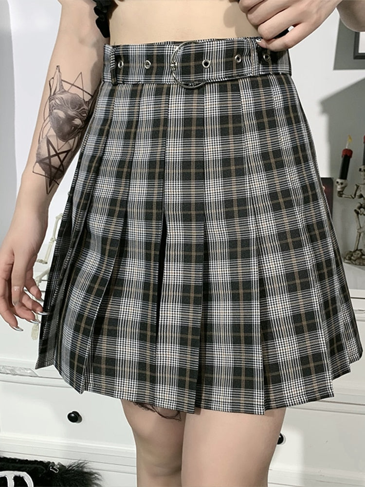 InsGoth Mall Plaid Pleated Mini Skirts Harajuku Aesthetic Fashion Women Skirts Gothic Streetwear High Waist Fashion Short Skirt Angelwarriorfitness.com