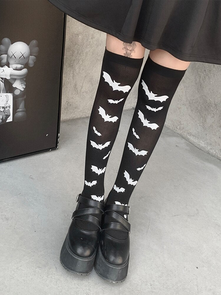 InsGoth Long Socks Bat Print Gothic Skinny Black Harajuku Streetwear Matching Women Halloween Thigh High Socks Partywear Vintage Angelwarriorfitness.com