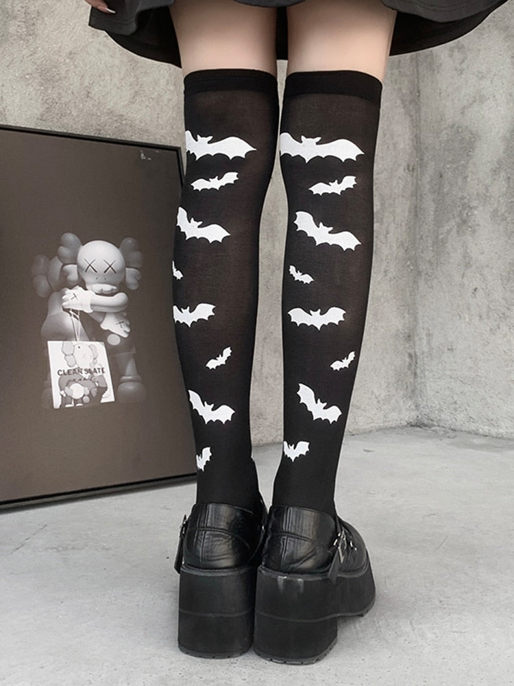 InsGoth Long Socks Bat Print Gothic Skinny Black Harajuku Streetwear Matching Women Halloween Thigh High Socks Partywear Vintage Angelwarriorfitness.com