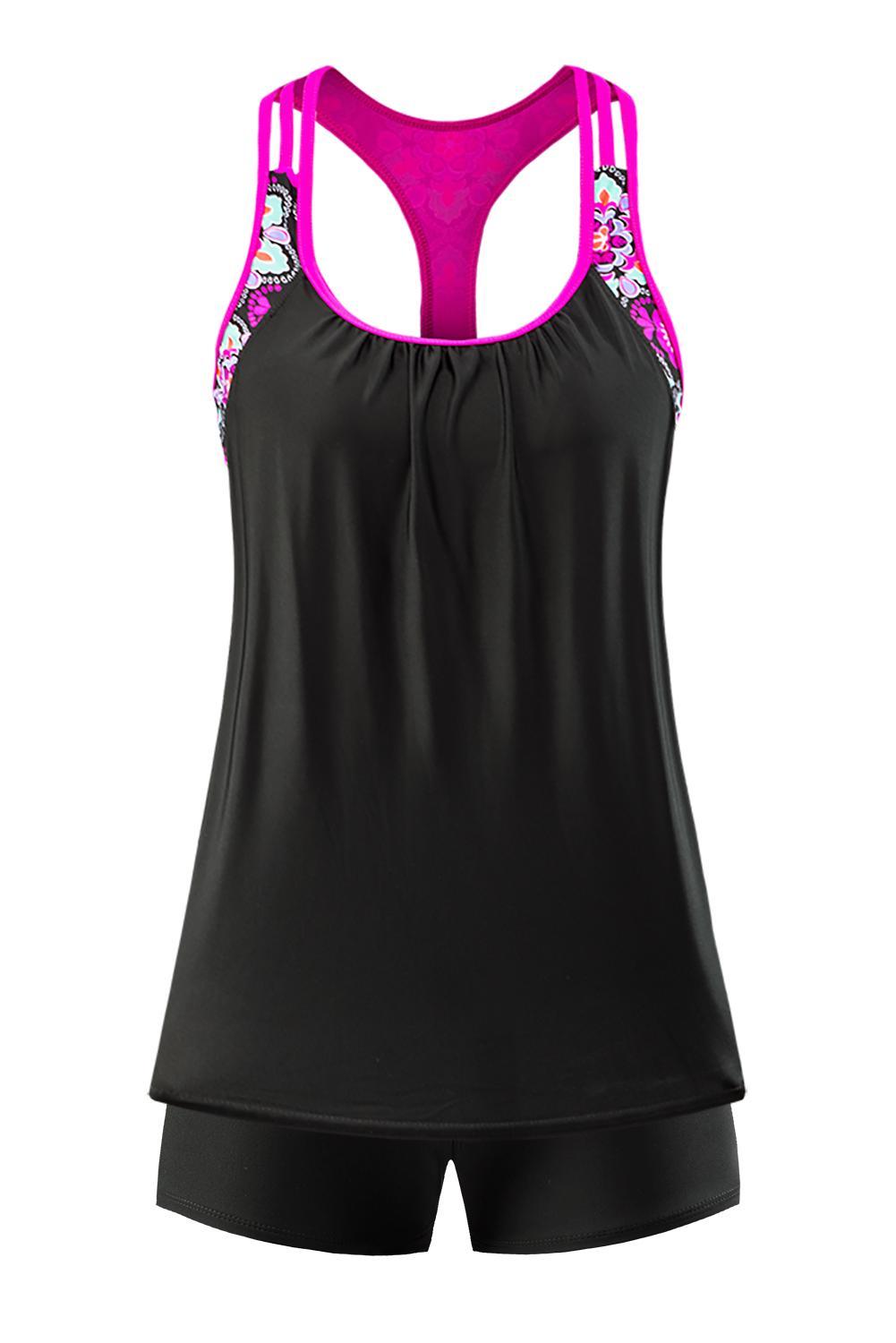 Black Pink Floral Print Insert Racerback Sport Tankini Set Angelwarriorfitness.com
