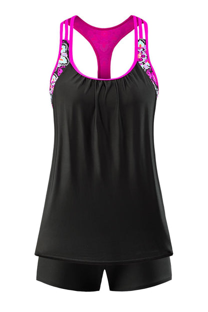 Black Pink Floral Print Insert Racerback Sport Tankini Set Angelwarriorfitness.com