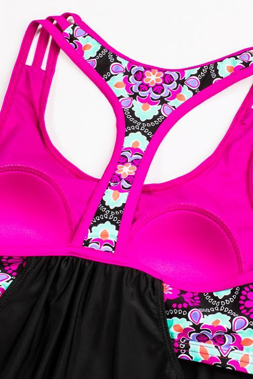 Black Pink Floral Print Insert Racerback Sport Tankini Set Angelwarriorfitness.com