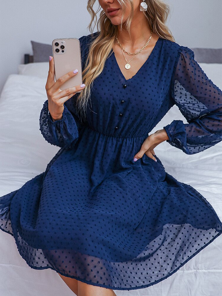 Navy Blue Polka Dot Button V Neck Transparent Dress Angelwarriorfitness.com