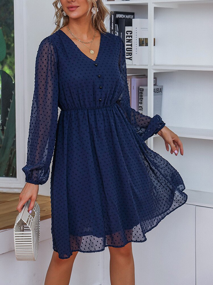 Navy Blue Polka Dot Button V Neck Transparent Dress Angelwarriorfitness.com