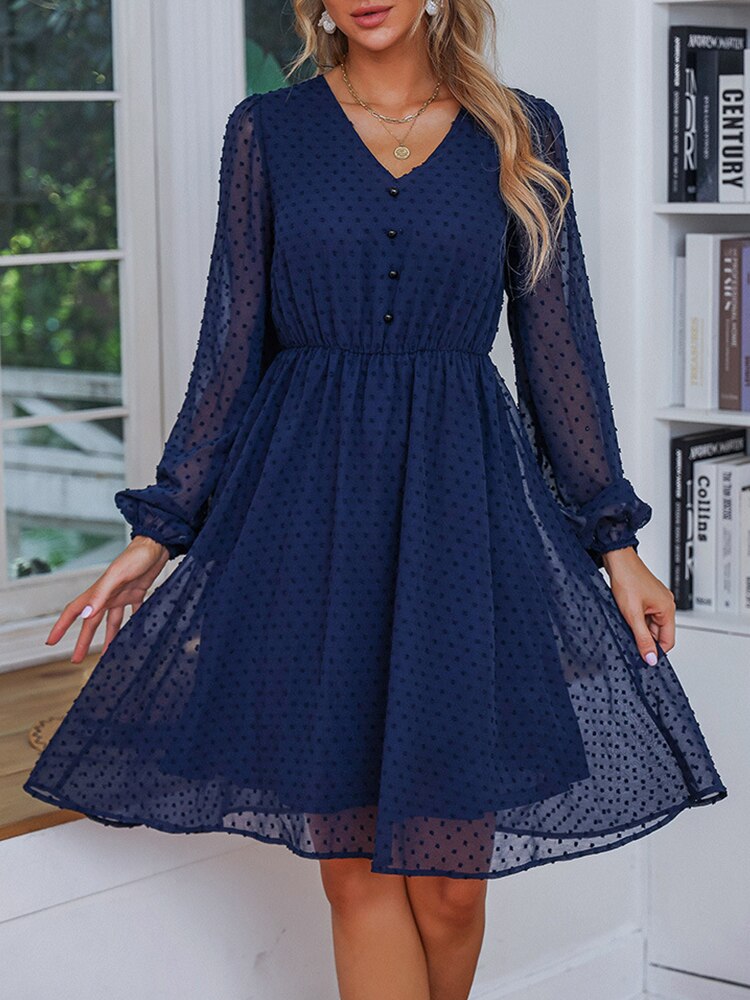 Navy Blue Polka Dot Button V Neck Transparent Dress Angelwarriorfitness.com