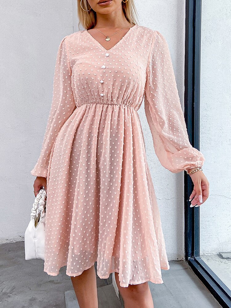 Navy Blue Polka Dot Button V Neck Transparent Dress Angelwarriorfitness.com