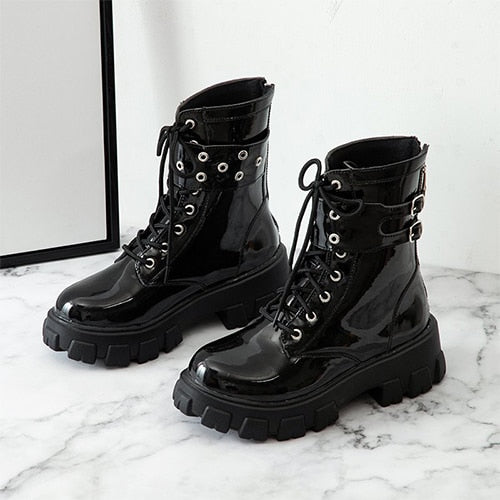 Women Gothic Ankle Boots Zip Punk Style Platform Shoes Goth Winter Lace-up Booties Chunky Heel Sexy Chain Angelwarriorfitness.com