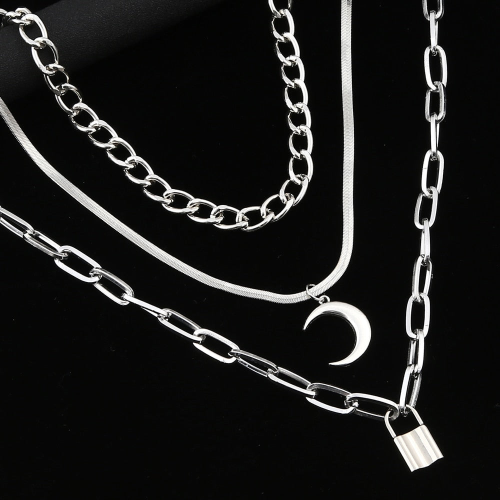 Layer moon pendant necklace fashion chains necklace lock gothic neck chains for women female chocker neck goth jewelry Angelwarriorfitness.com