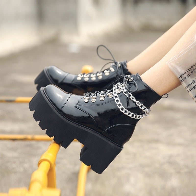 Women Gothic Ankle Boots Zip Punk Style Platform Shoes Goth Winter Lace-up Booties Chunky Heel Sexy Chain Angelwarriorfitness.com