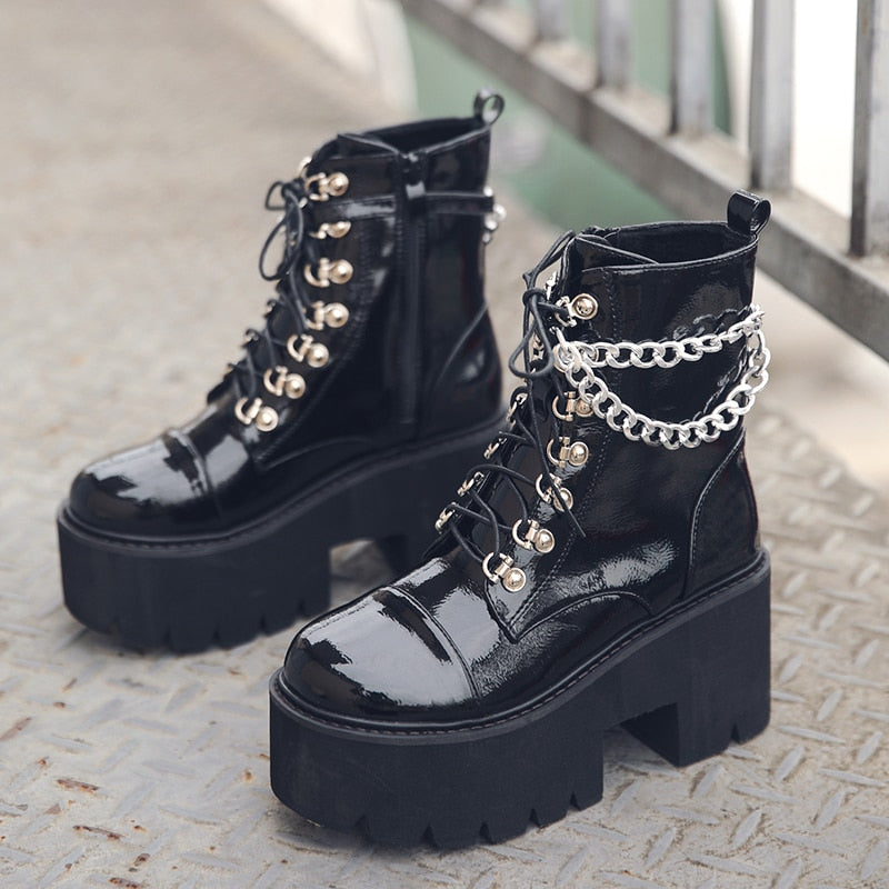 Women Gothic Ankle Boots Zip Punk Style Platform Shoes Goth Winter Lace-up Booties Chunky Heel Sexy Chain Angelwarriorfitness.com