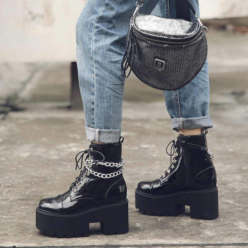 Women Gothic Ankle Boots Zip Punk Style Platform Shoes Goth Winter Lace-up Booties Chunky Heel Sexy Chain Angelwarriorfitness.com