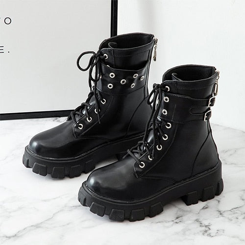 Women Gothic Ankle Boots Zip Punk Style Platform Shoes Goth Winter Lace-up Booties Chunky Heel Sexy Chain Angelwarriorfitness.com