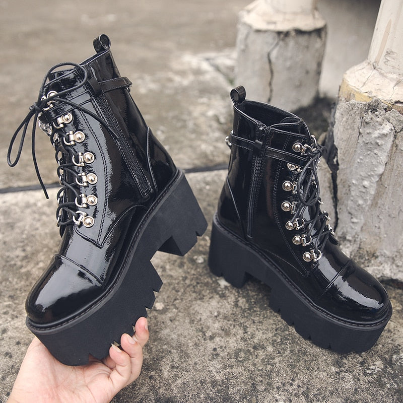 Women Gothic Ankle Boots Zip Punk Style Platform Shoes Goth Winter Lace-up Booties Chunky Heel Sexy Chain Angelwarriorfitness.com