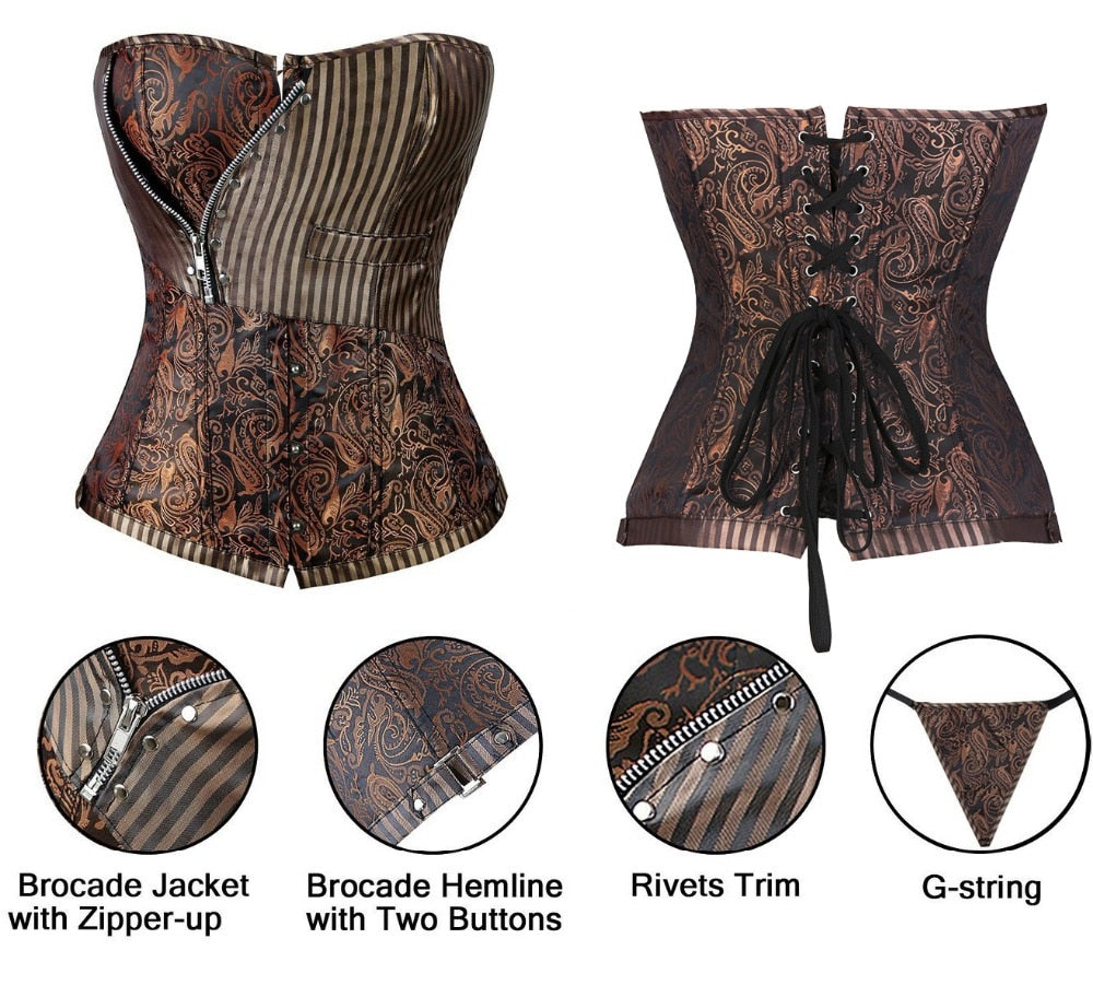 Miss Moly Steampunk Corset Gothic Bustiers Boned Zipper Brown Top Woman Tummy Slimming Sheath Modeling Shapewear Body Shaper Angelwarriorfitness.com