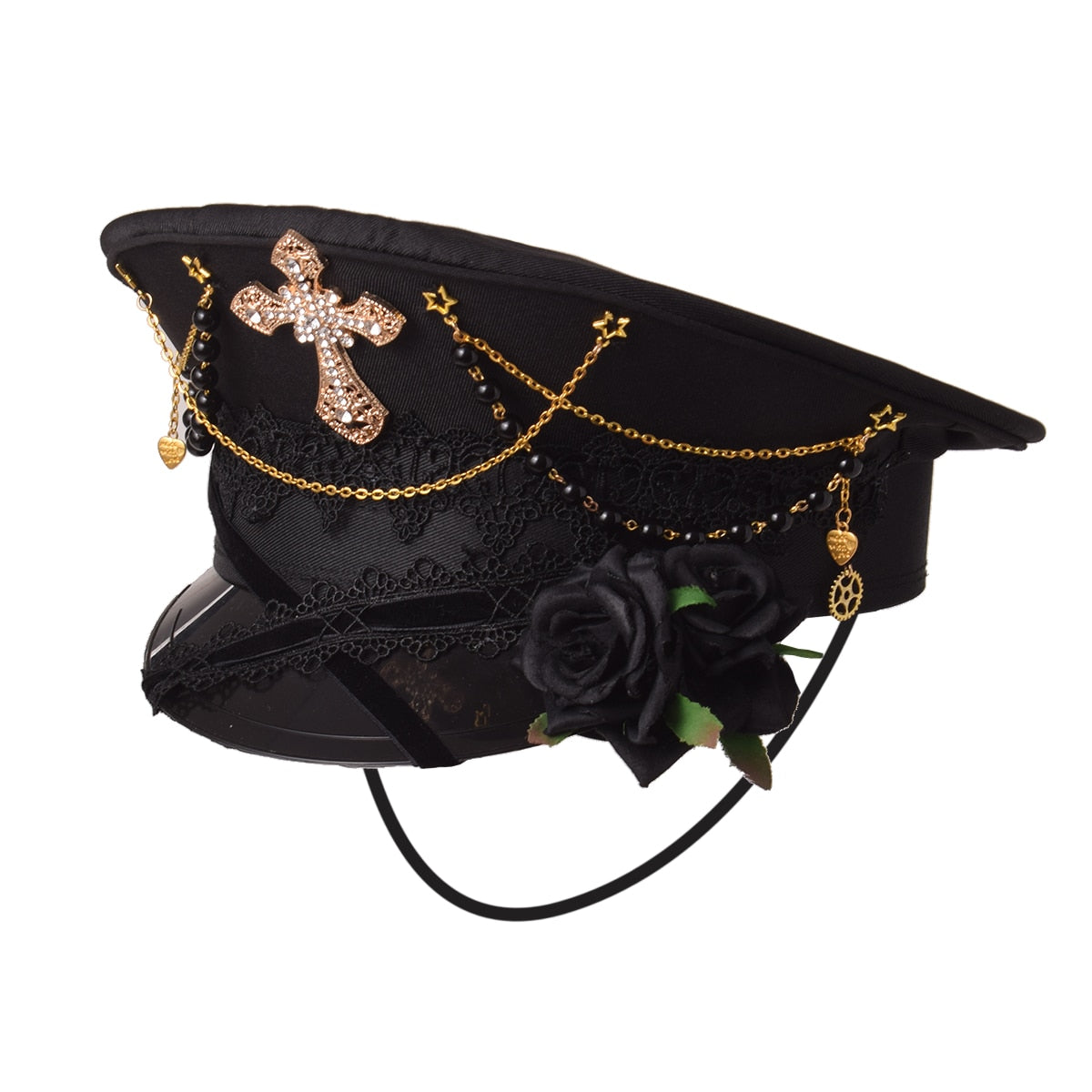 Black Cross Gothic Lolita Military Hat Cap for Women Female Sailor Captain Flat Steampunk Carnival Halloween Hair Accessories Angelwarriorfitness.com