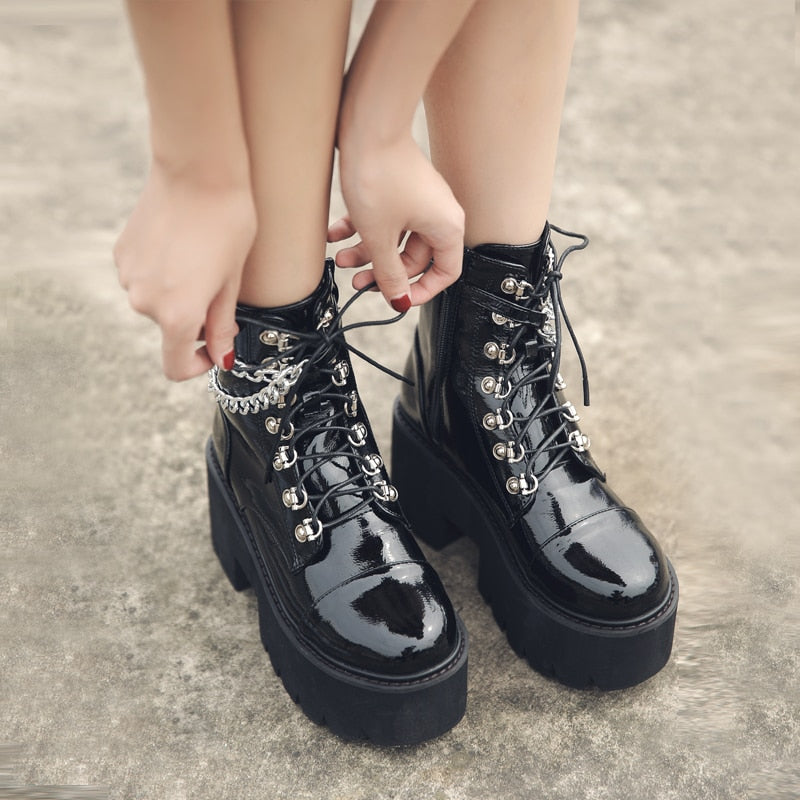 Women Gothic Ankle Boots Zip Punk Style Platform Shoes Goth Winter Lace-up Booties Chunky Heel Sexy Chain Angelwarriorfitness.com